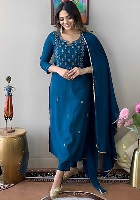 Navy Blue Embroidered Poly Blend Kurta Set