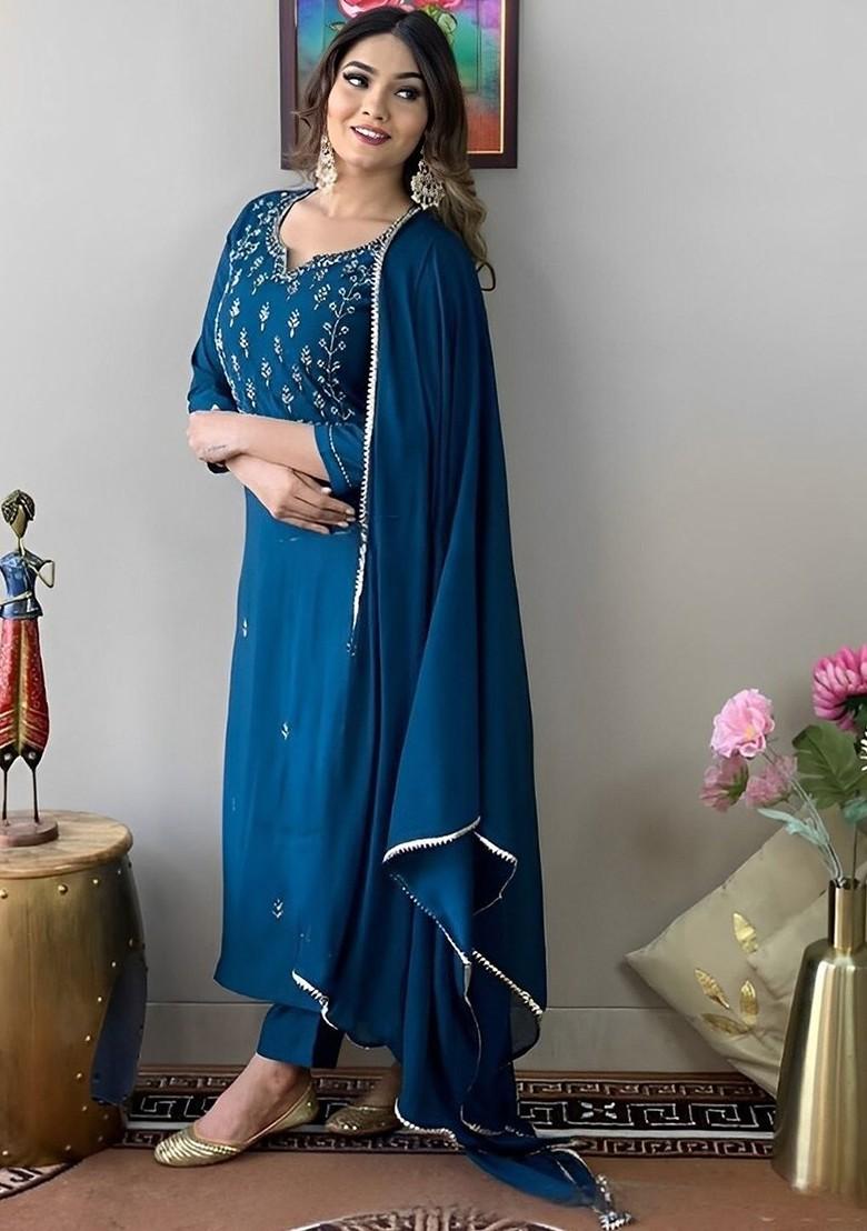 Navy Blue Embroidered Poly Blend Kurta Set