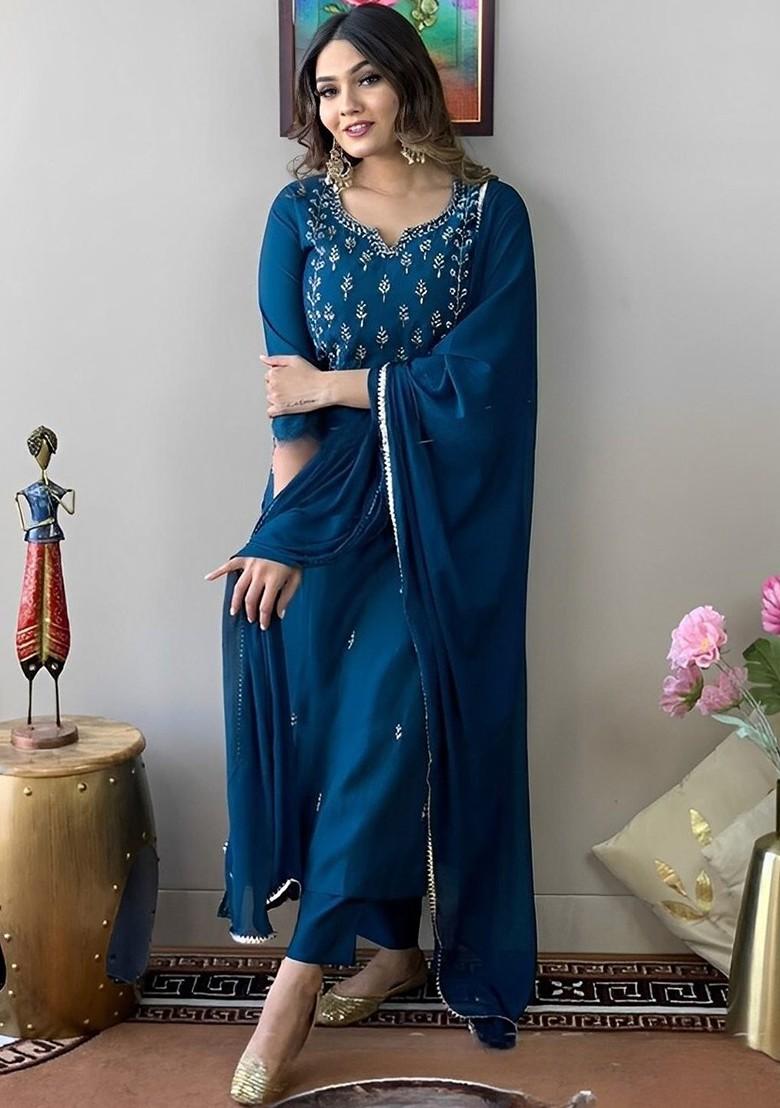 Navy Blue Embroidered Poly Blend Kurta Set