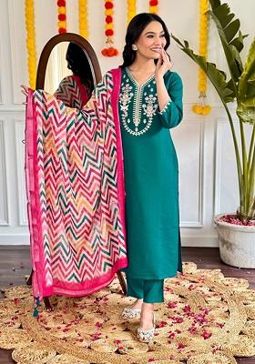 Green Floral Print Chanderi Kurta Set