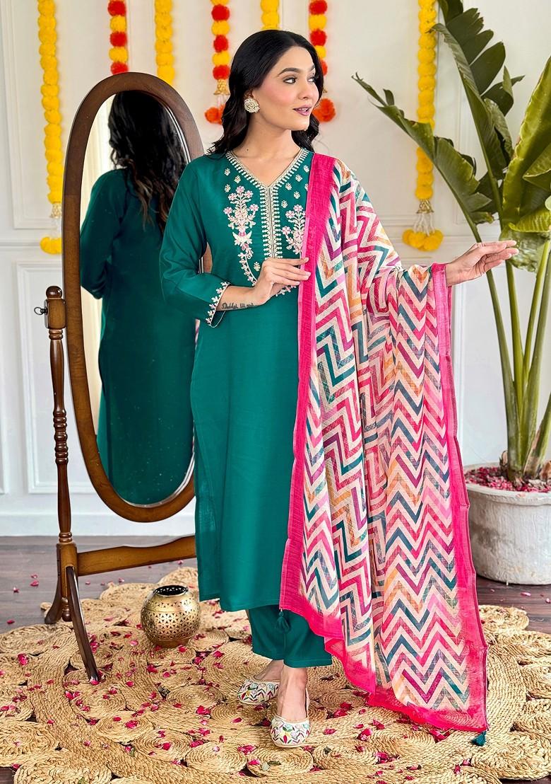 Green Floral Print Chanderi Kurta Set