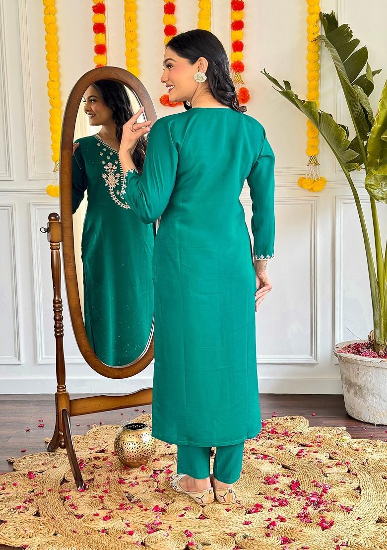 Green Floral Print Chanderi Kurta Set