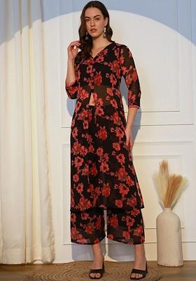 Black Floral Print Poly Blend Kurta Set