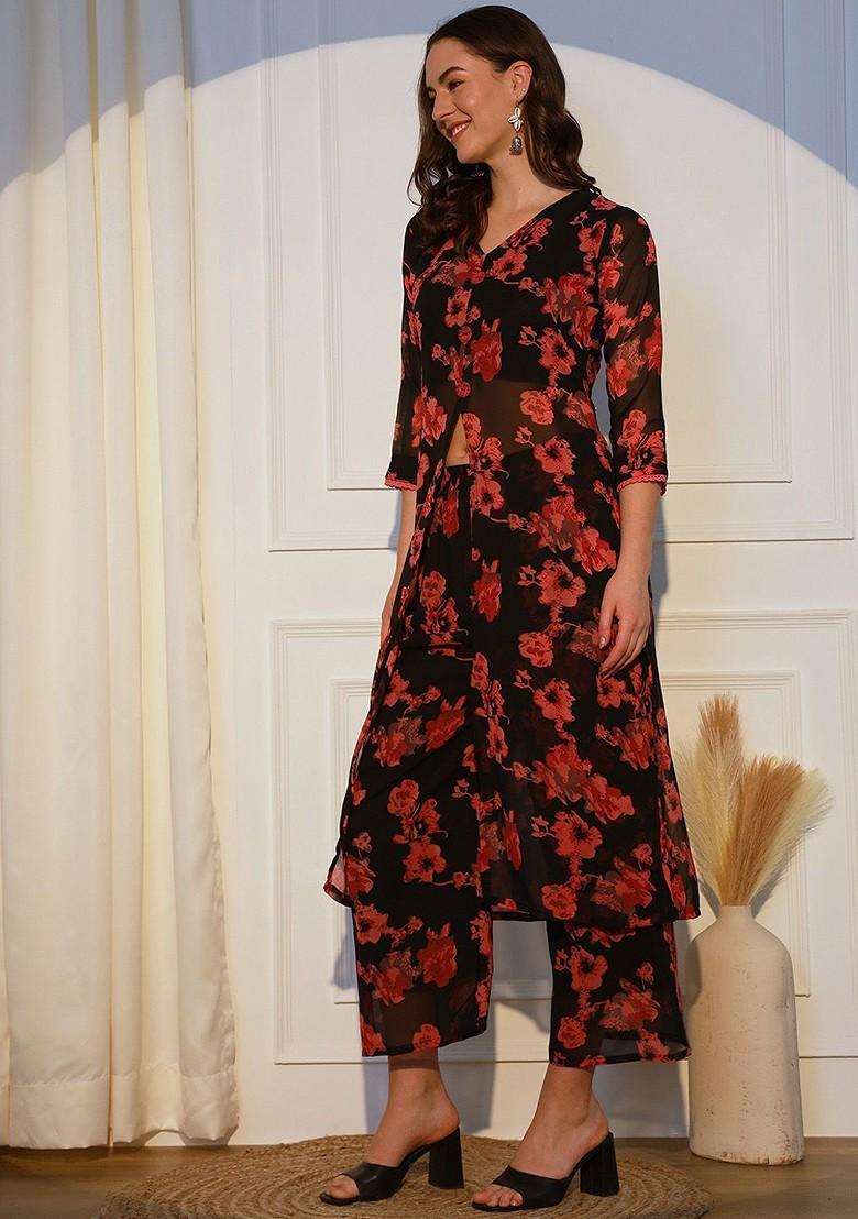 Black Floral Print Poly Blend Kurta Set