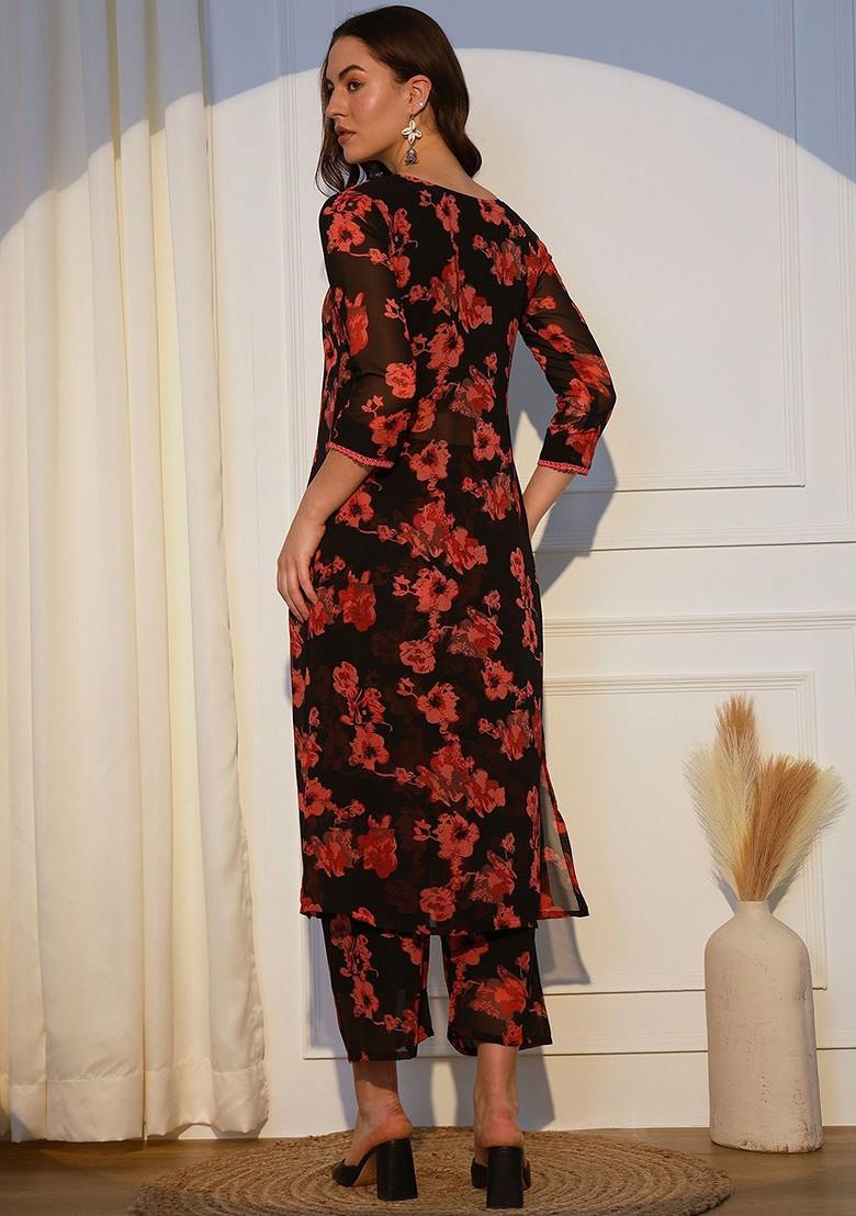 Black Floral Print Poly Blend Kurta Set