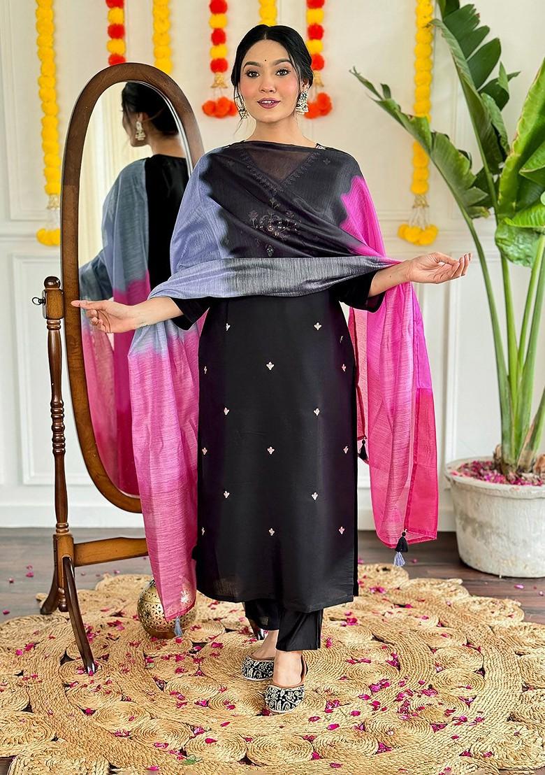Black Embroidered Chanderi Kurta Set