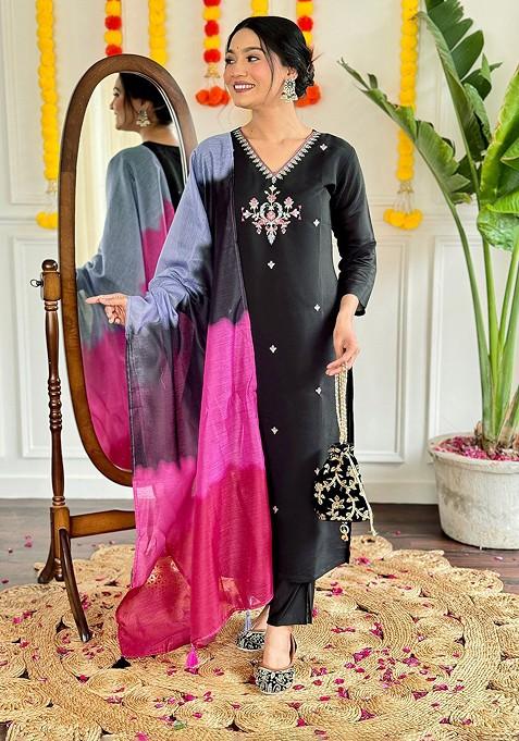 Black Embroidered Chanderi Kurta Set