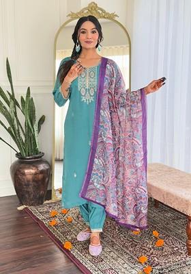 Blue Embroidered Chanderi Kurta Set