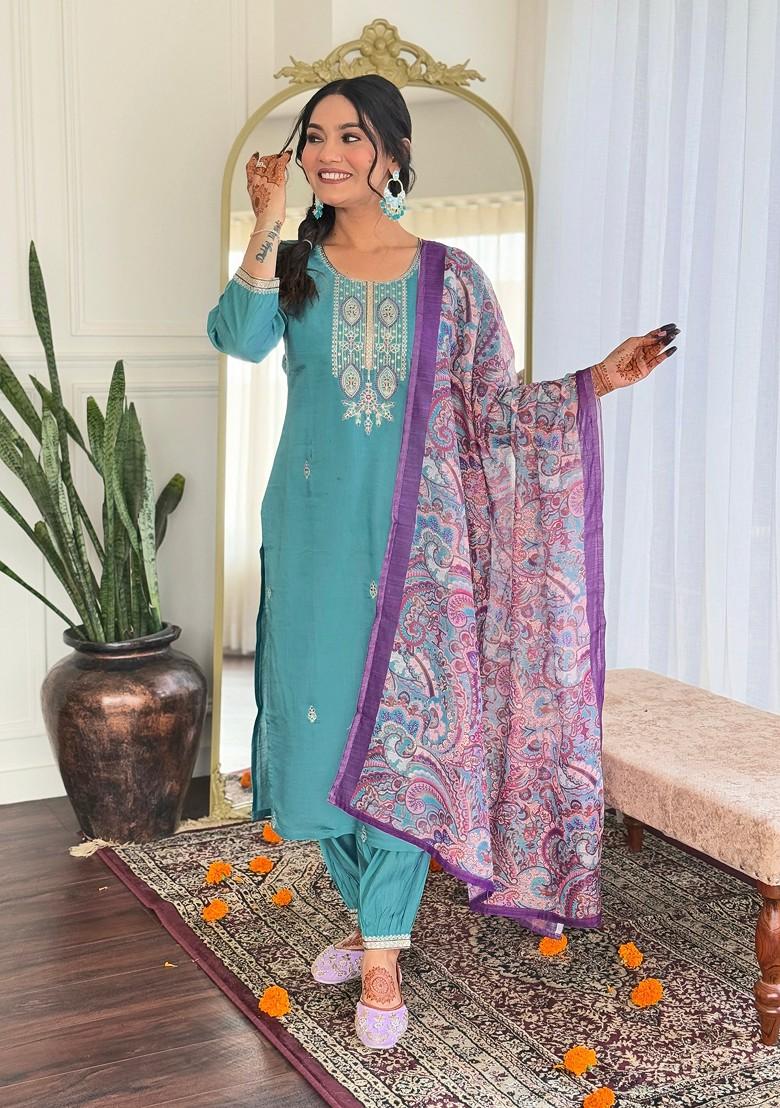 Blue Embroidered Chanderi Kurta Set