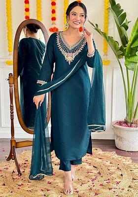 Teal Floral Print Chanderi Kurta Set
