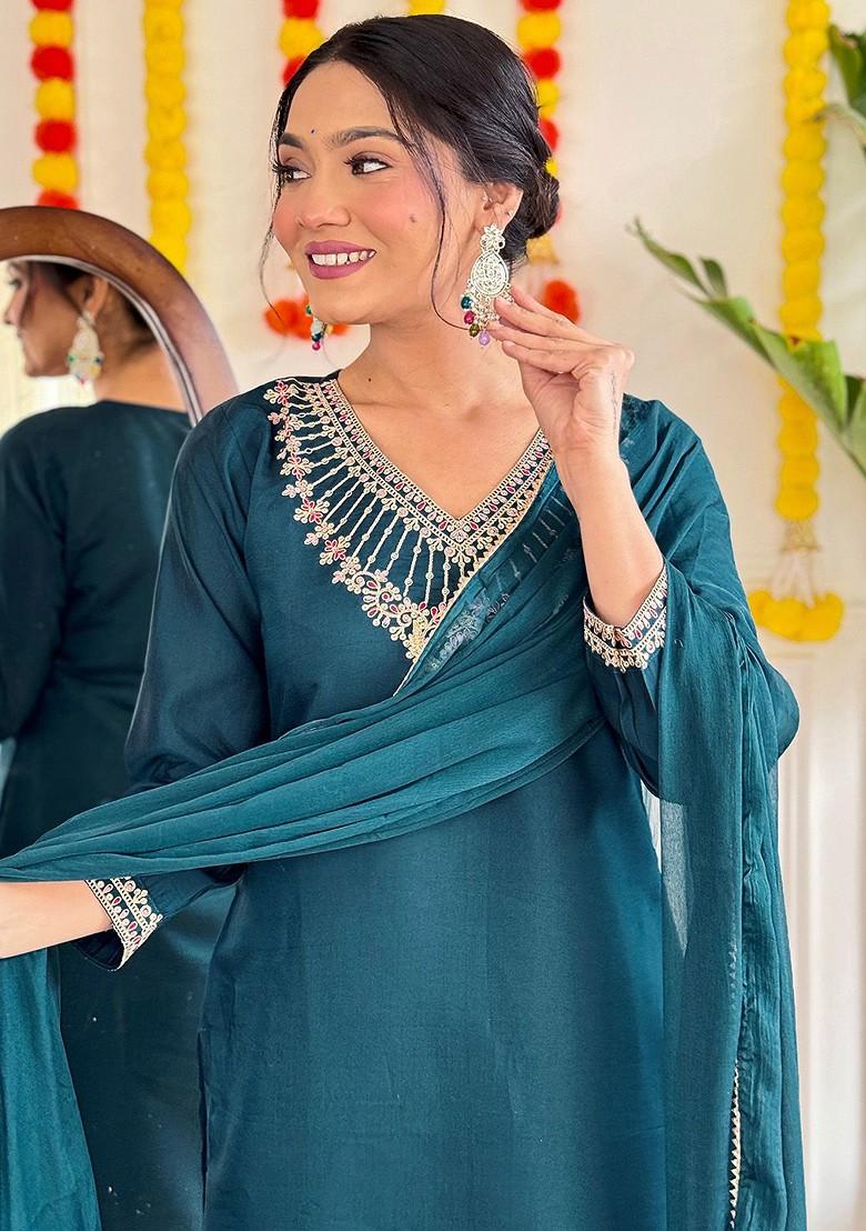 Teal Floral Print Chanderi Kurta Set