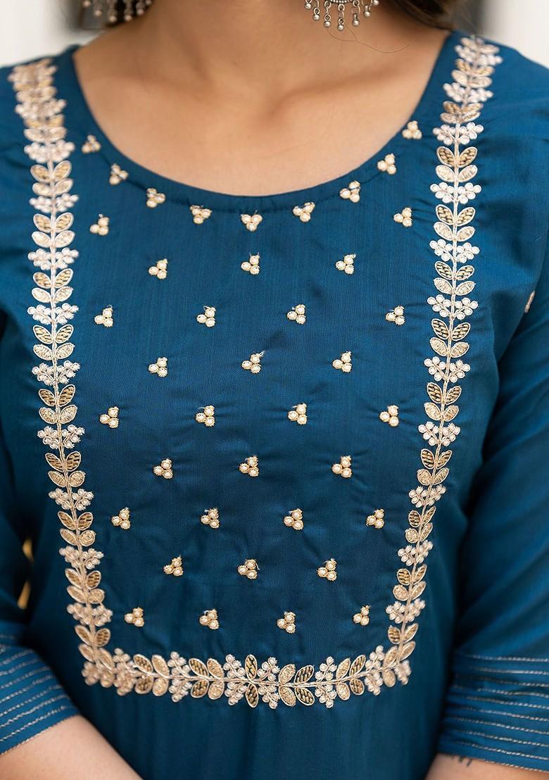 Turquoise Blue Embroidered Poly Blend Kurta Set