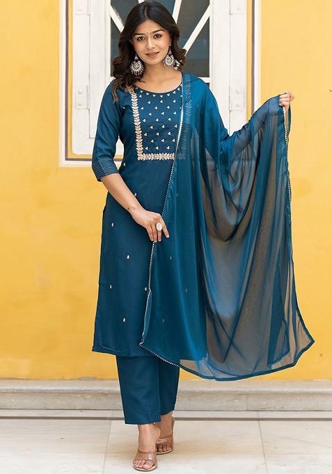 Turquoise Blue Embroidered Poly Blend Kurta Set