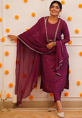 Maroon Embroidered Poly Blend Kurta Set