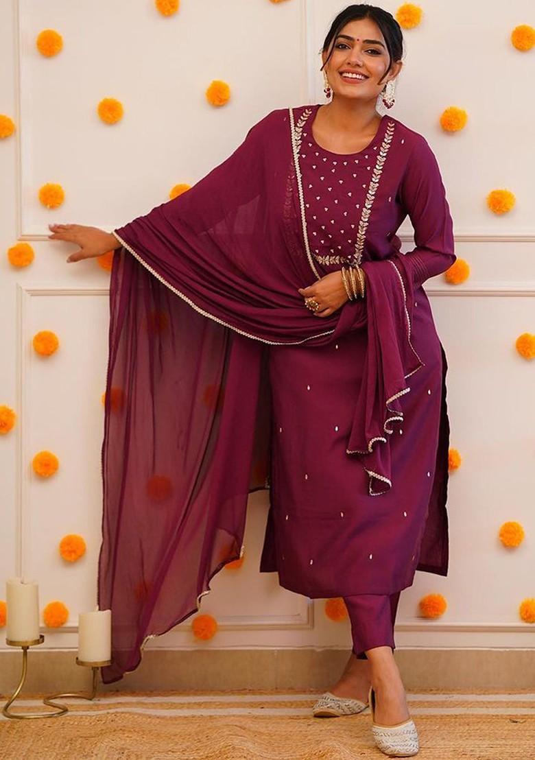 Maroon Embroidered Poly Blend Kurta Set