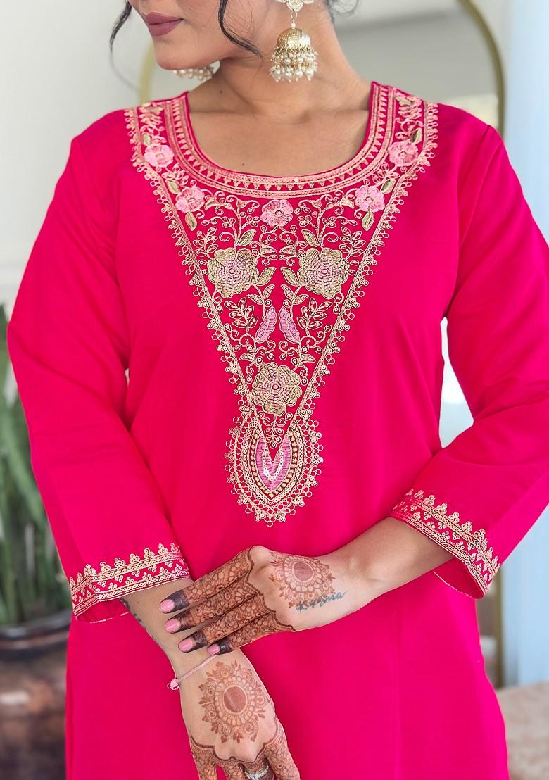 Red Floral Print Chanderi Kurta Set