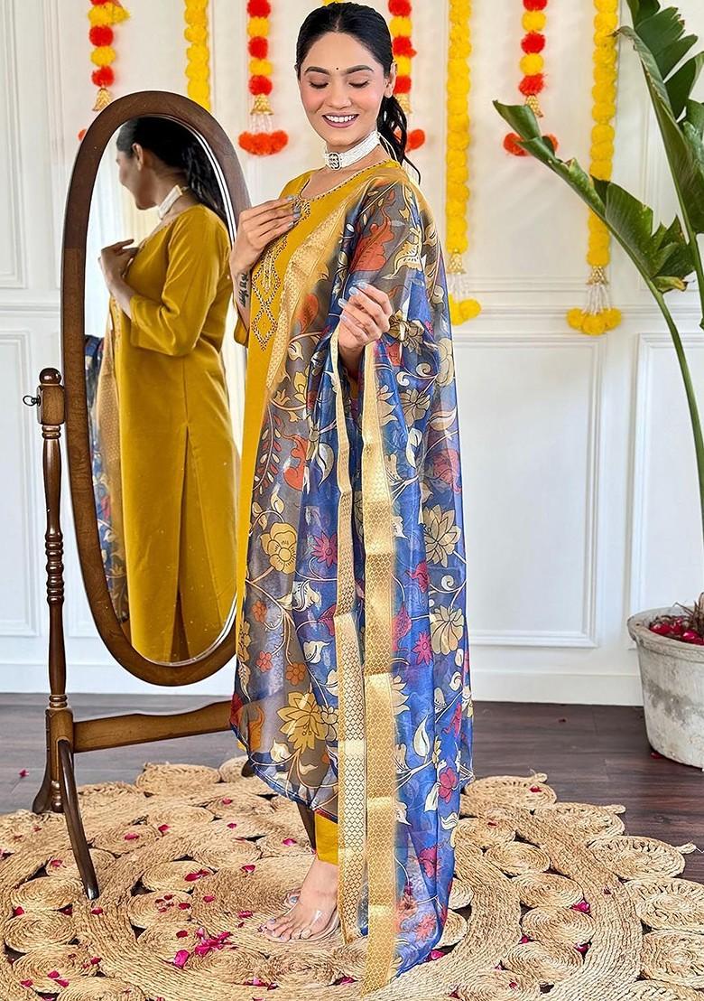 Yellow Embroidered Cotton Kurta Set
