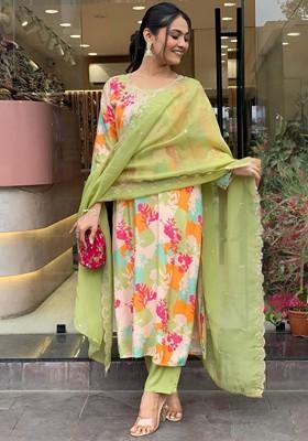 Green Floral Print Poly Blend Kurta Set