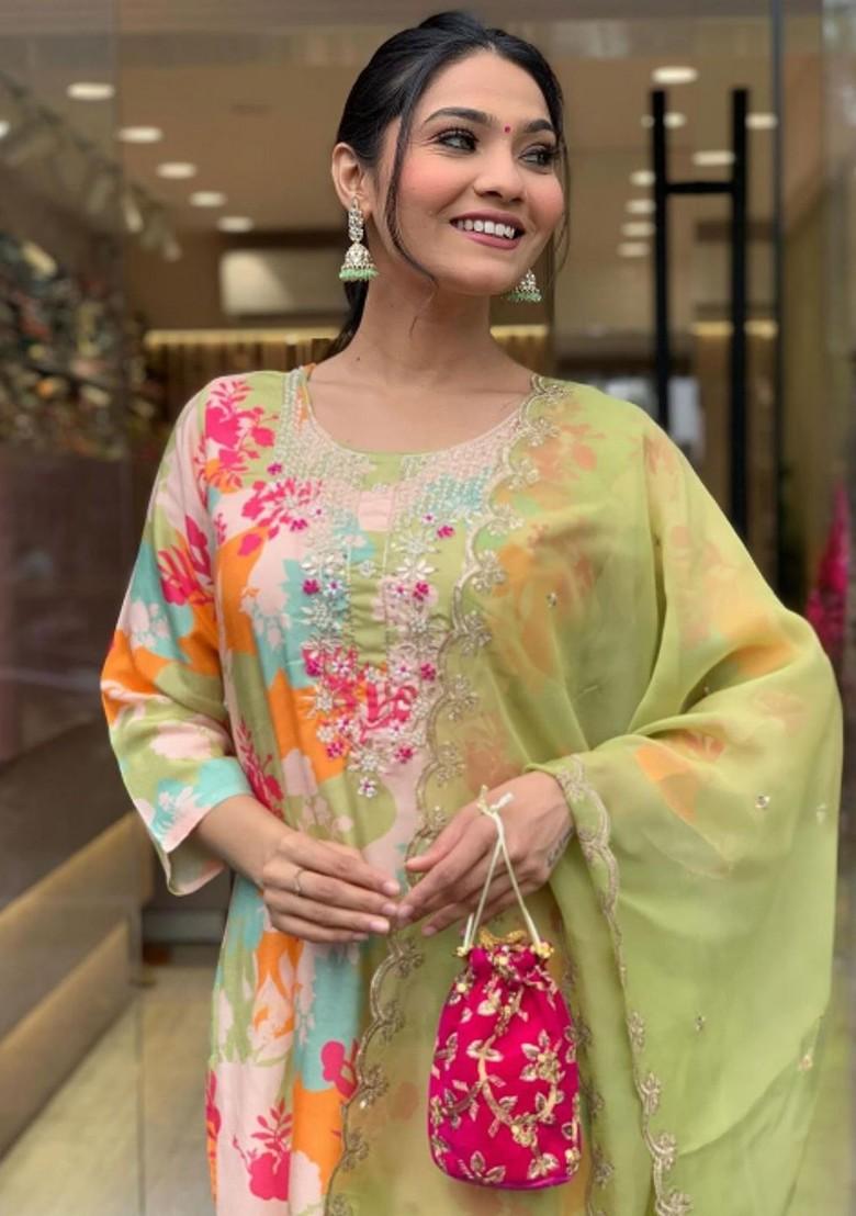 Green Floral Print Poly Blend Kurta Set