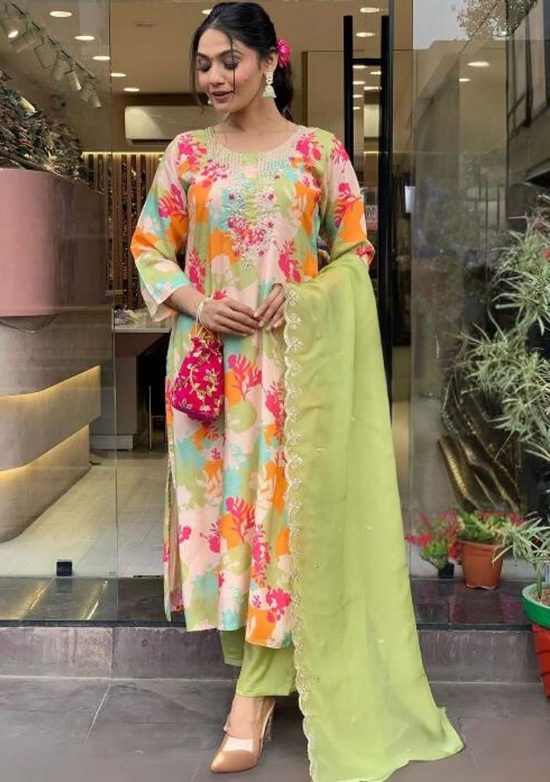 Green Floral Print Poly Blend Kurta Set
