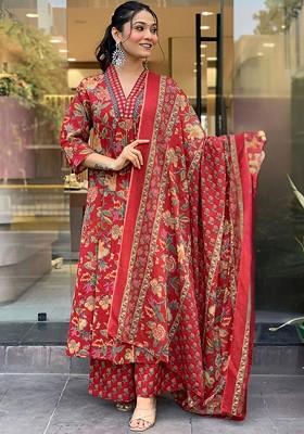 Red Floral Print Cotton Kurta Set
