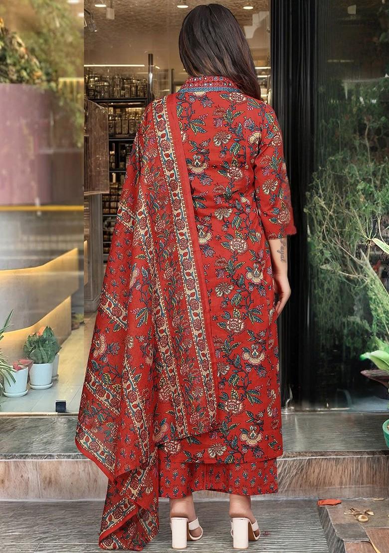 Red Floral Print Cotton Kurta Set