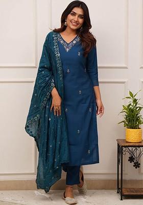 Blue Embroidered Poly Blend Kurta Set