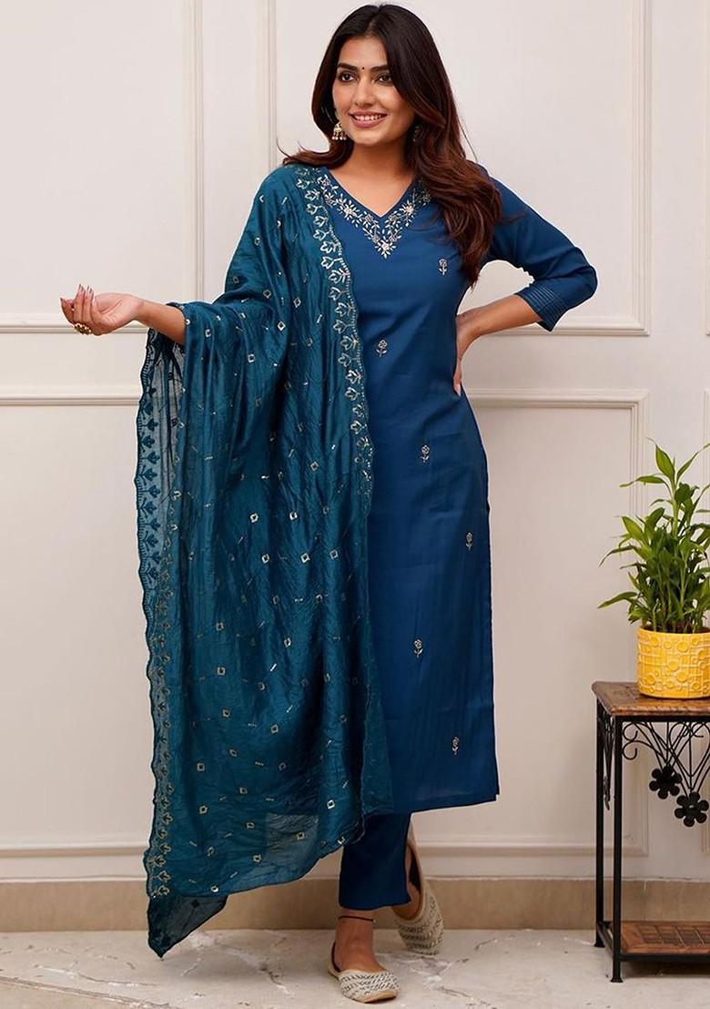 Blue Embroidered Poly Blend Kurta Set