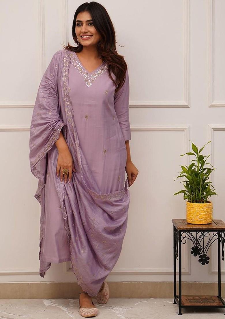 Lavender Embroidered Chanderi Kurta Set