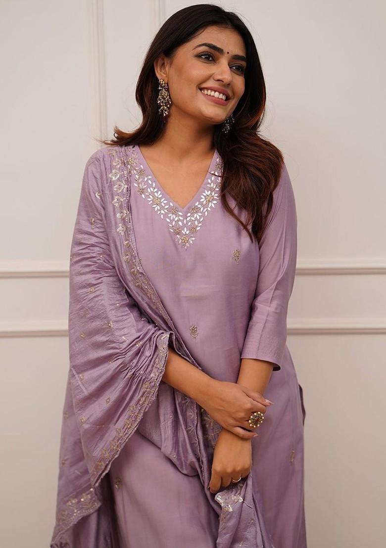 Lavender Embroidered Chanderi Kurta Set