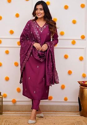 Purple Embroidered Poly Blend Kurta Set