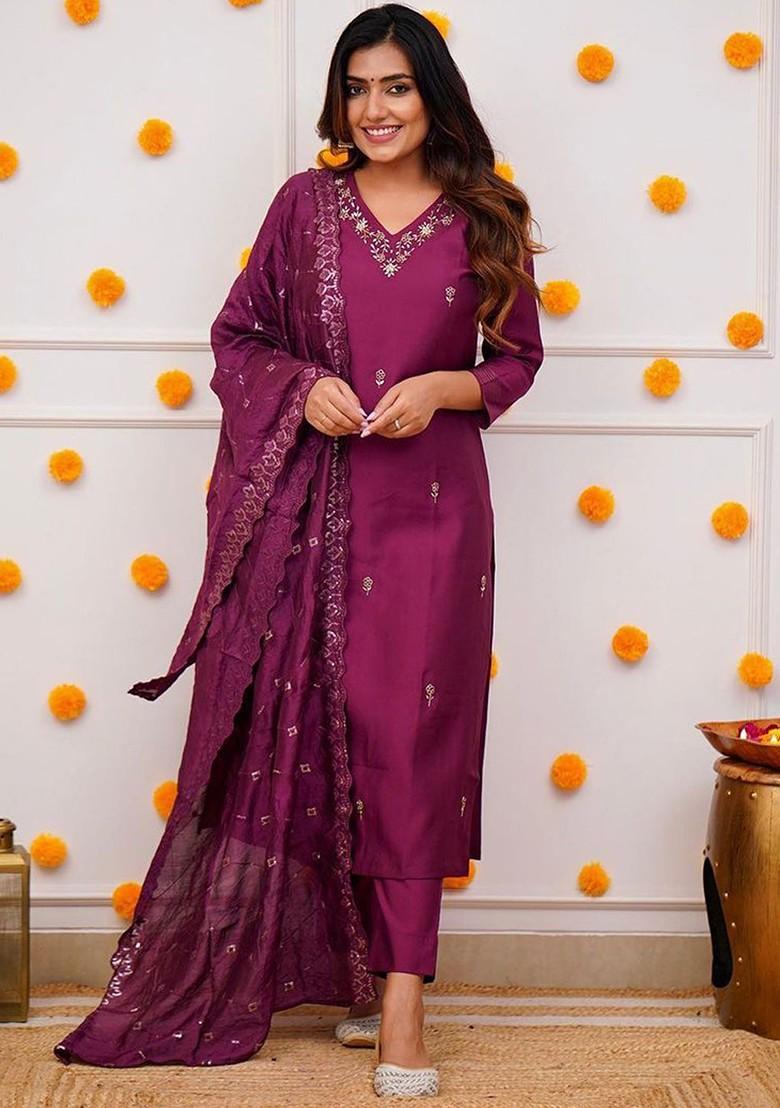 Purple Embroidered Poly Blend Kurta Set