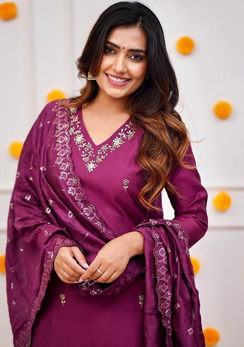 Purple Embroidered Poly Blend Kurta Set