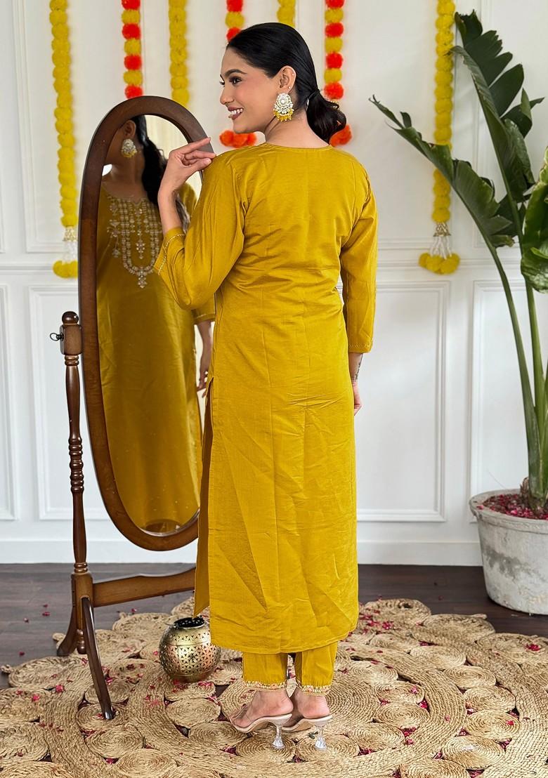 Mustard Embroidered Chanderi Kurta Set