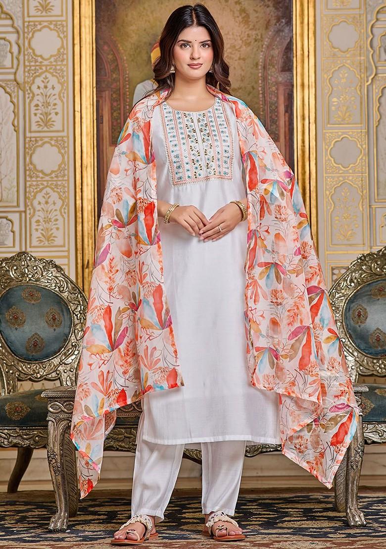 White Floral Print Poly Blend Kurta Set
