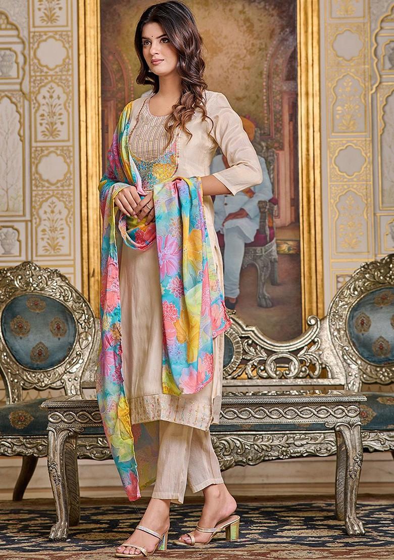 Beige Embroidered Silk Kurta Set