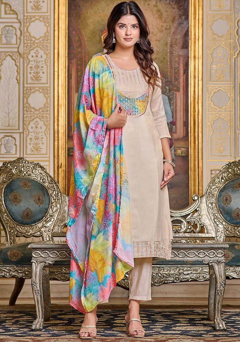 Beige Embroidered Silk Kurta Set