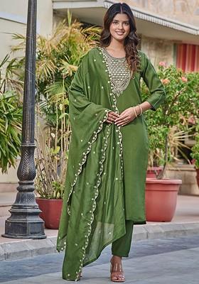 Green Floral Print Poly Blend Kurta Set