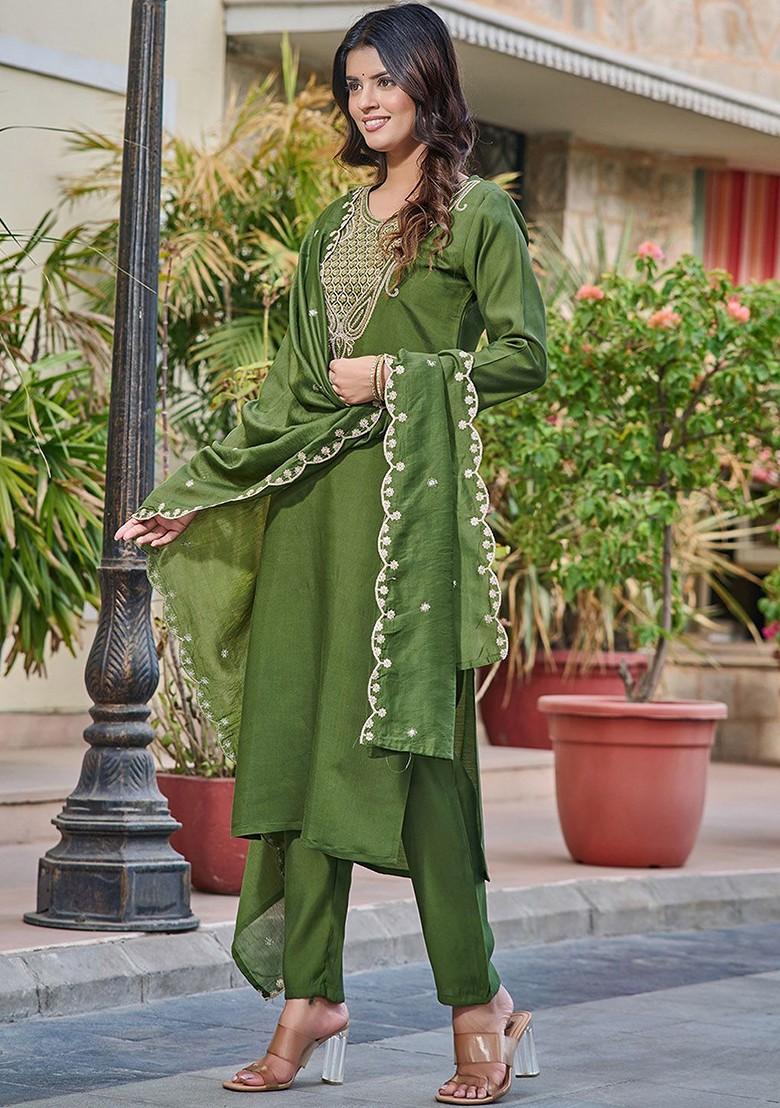 Green Floral Print Poly Blend Kurta Set