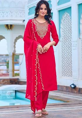 Fuchsia Floral Print Poly Blend Kurta Set