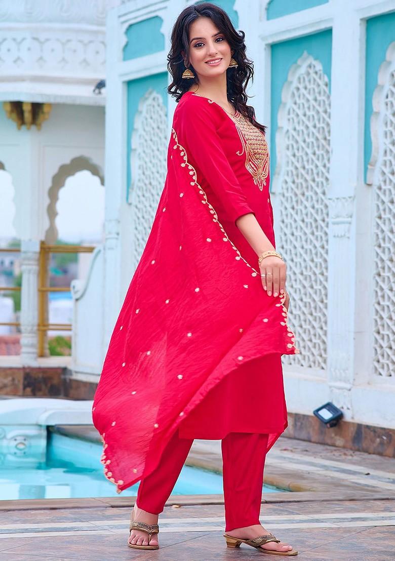 Fuchsia Floral Print Poly Blend Kurta Set