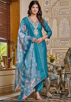 Teal Embroidered Poly Blend Kurta Set