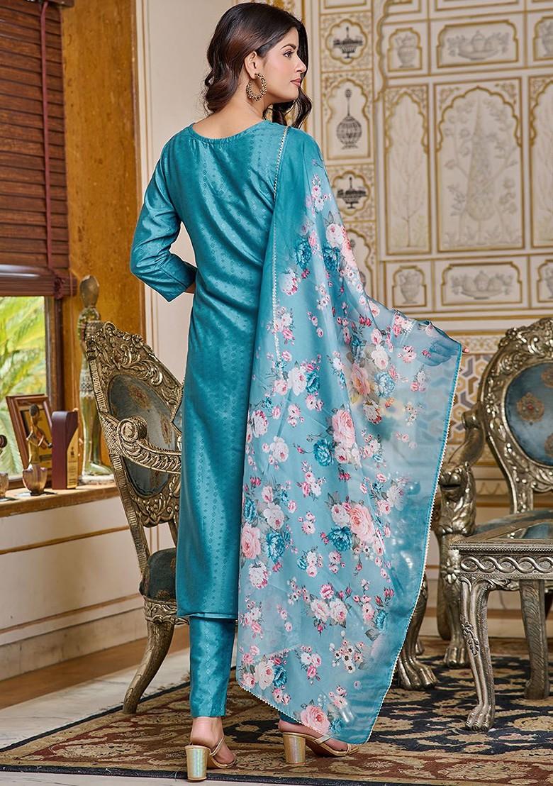 Teal Embroidered Poly Blend Kurta Set