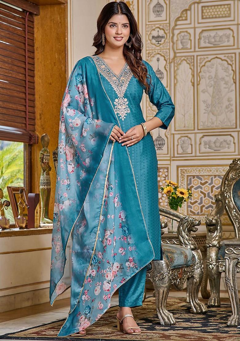 Teal Embroidered Poly Blend Kurta Set