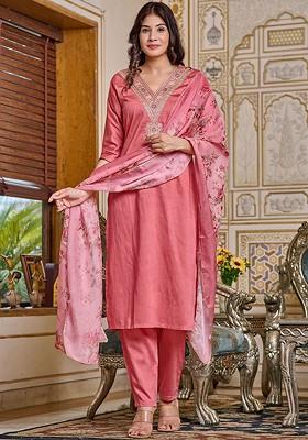 Pink Embroidered Poly Blend Kurta Set