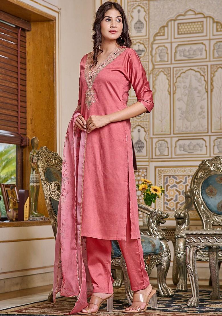 Pink Embroidered Poly Blend Kurta Set