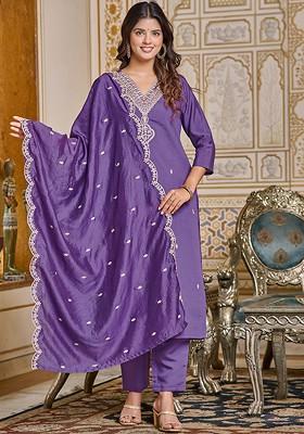 Lavender Embroidered Poly Blend Kurta Set