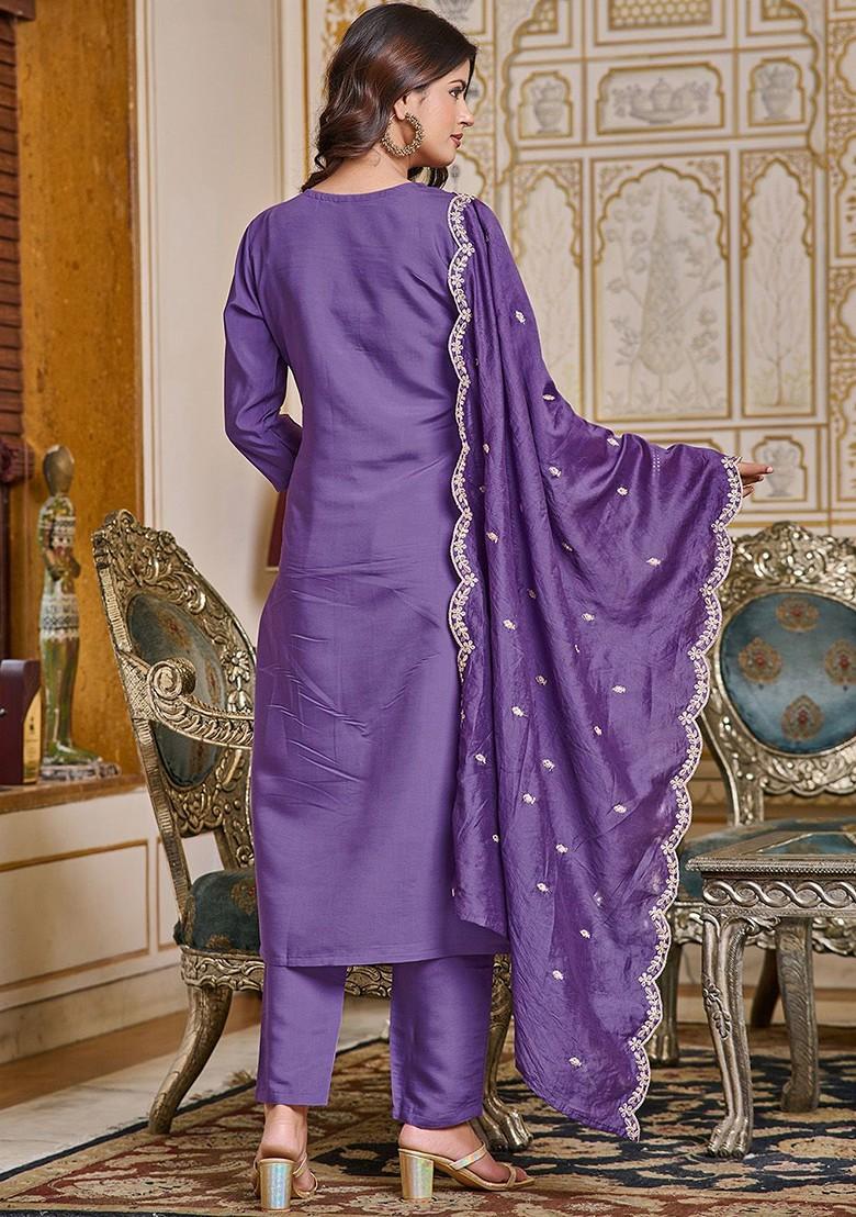 Lavender Embroidered Poly Blend Kurta Set