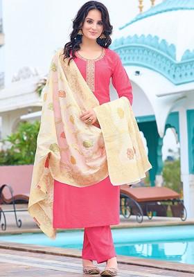 Pink Floral Print Chanderi Kurta Set