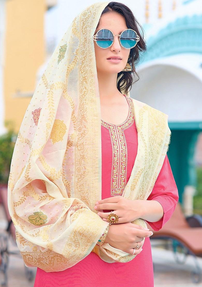 Pink Floral Print Chanderi Kurta Set